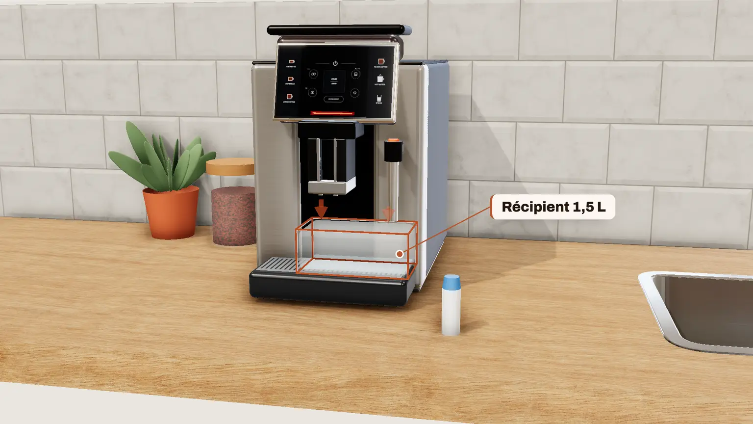 Krups Sensation en 3D, étape 7 du détartrage : Placez un récipient de 1,5 litre sous les deux buses : café et vapeur
