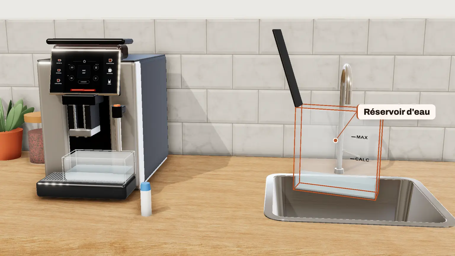Krups Sensation en 3D, étape 9 du détartrage : Quand CALC clignote, sortez le réservoir et videz-le