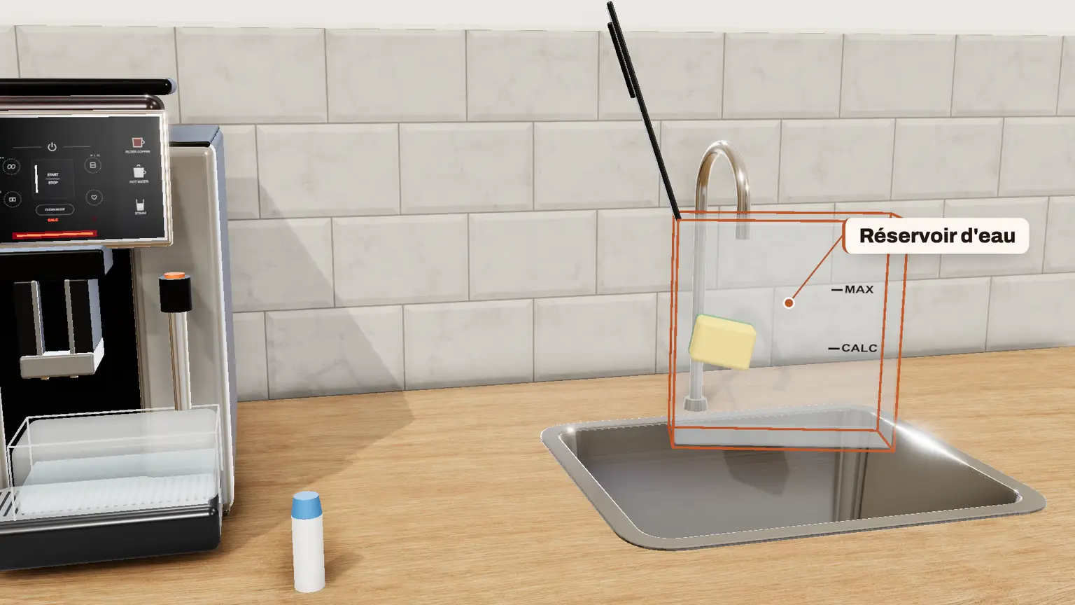 Krups Sensation en 3D, étape 10 du détartrage : Nettoyez le réservoir à l'éponge, puis essuyez-le et séchez-le