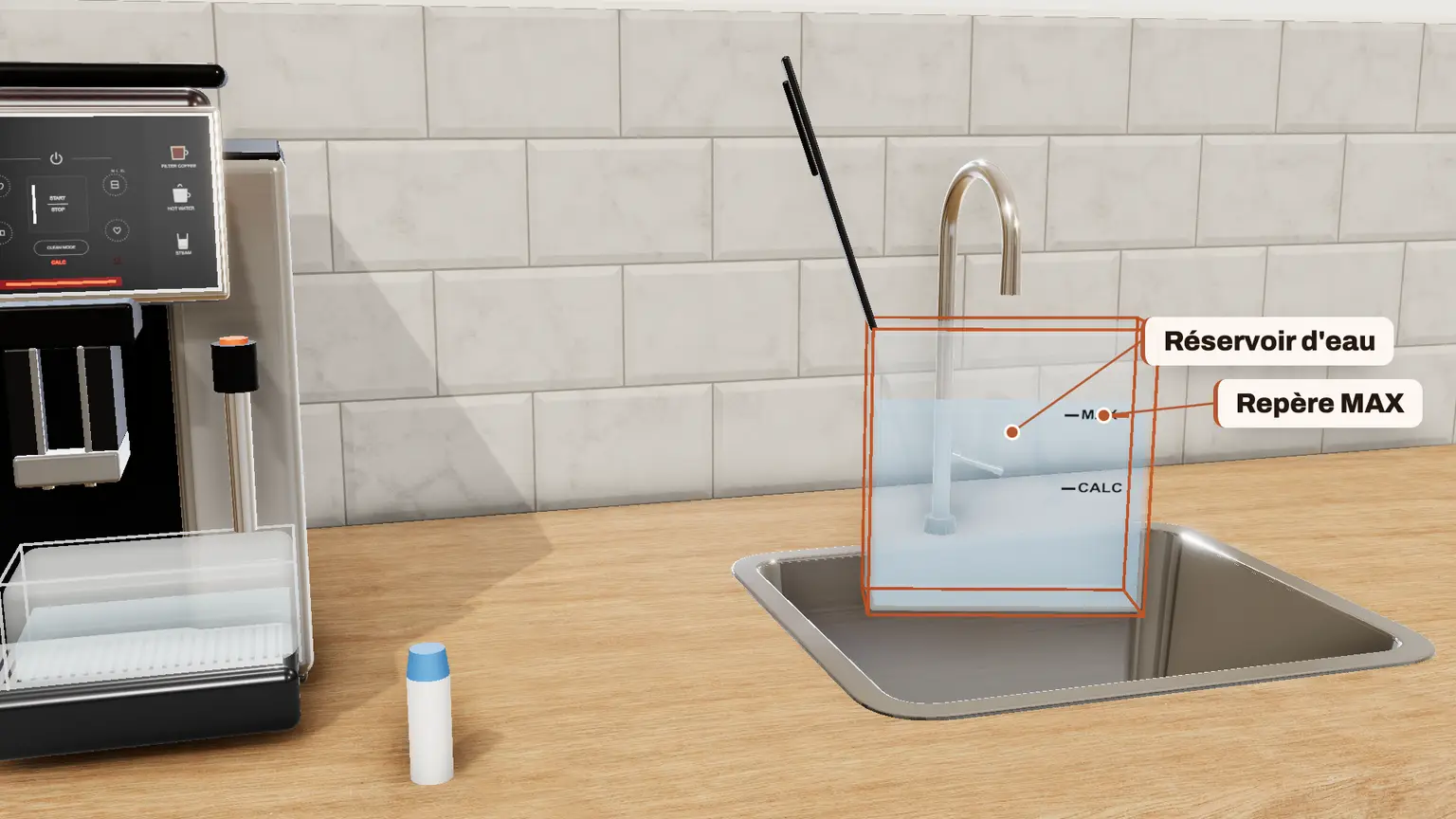 Krups Sensation en 3D, étape 11 du détartrage : Remplissez le réservoir au maximum et remettez-le