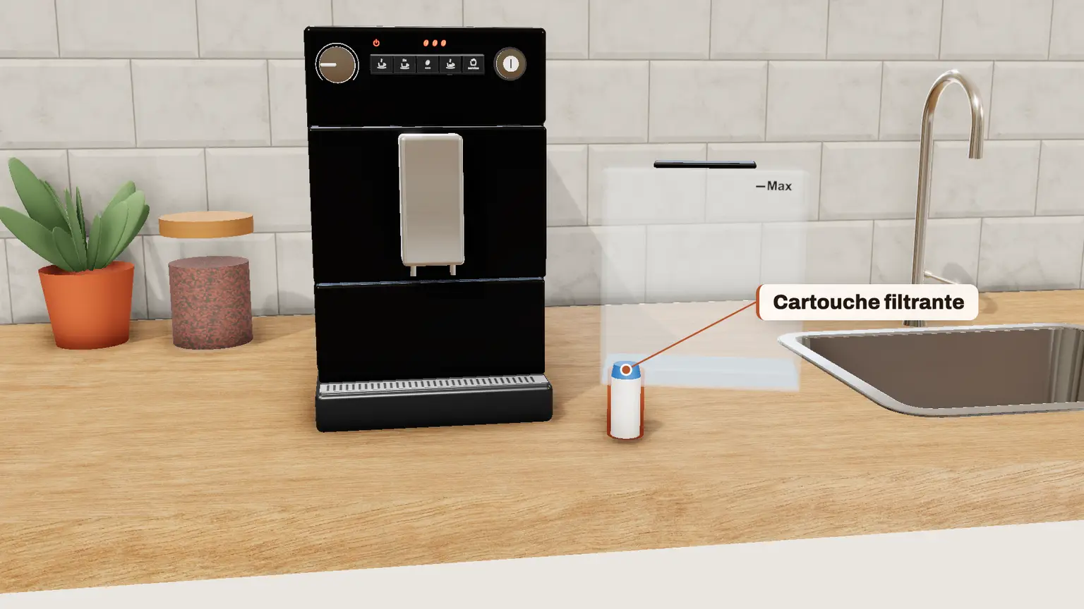 Melitta Purista en 3D, étape 1 du détartrage : Si une cartouche filtrante Pro Aqua est vissée au fond du réservoir d'eau, retirez-la et gardez-la dans un récipient d'eau du robinet