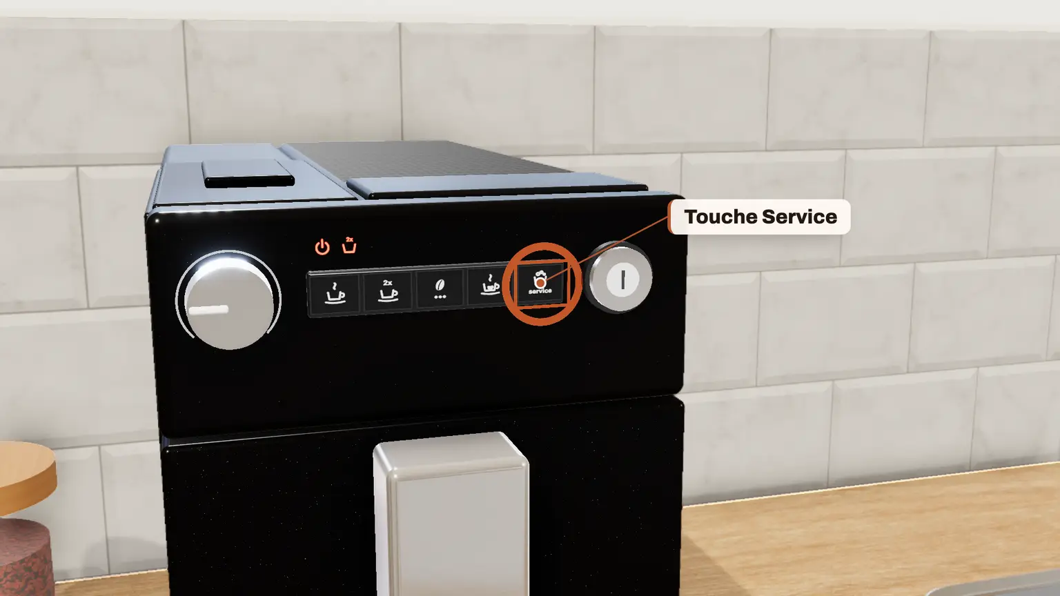 Melitta Purista en 3D, étape 2 du détartrage : Machine allumée, maintenez la touche Service plus de 2 secondes