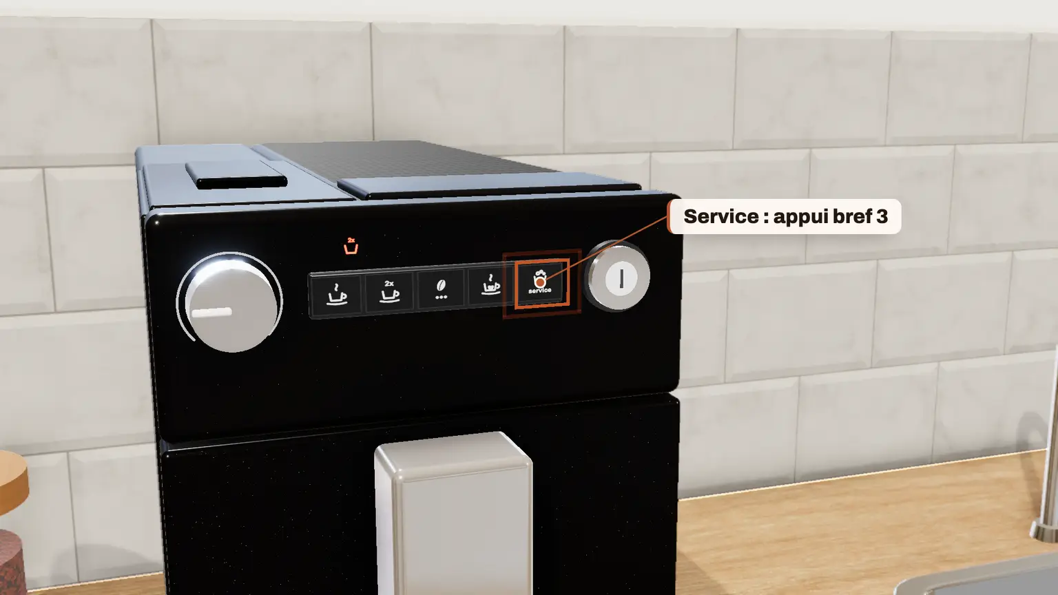 Melitta Purista en 3D, étape 3 du détartrage : Appuyez brièvement sur Service, plusieurs fois, jusqu'à ce que le symbole « decalc » apparaisse