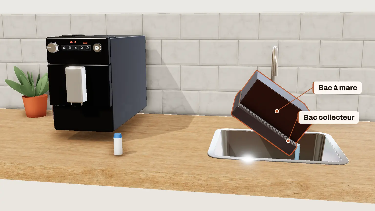 Melitta Purista en 3D, étape 5 du détartrage : Le symbole Bac collecteur s'allume : videz le bac collecteur et le bac à marc, puis remettez le bac collecteur en place