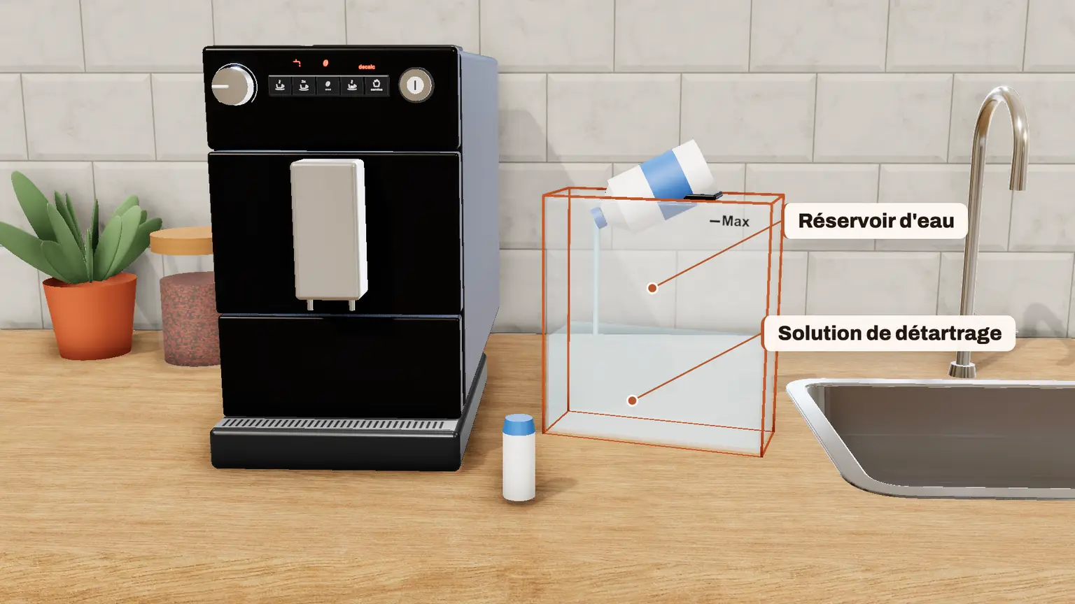 Melitta Purista en 3D, étape 6 du détartrage : Le symbole Eau s'allume : retirez le réservoir, versez-y 0,5 litre de solution de détartrage, puis remettez-le
