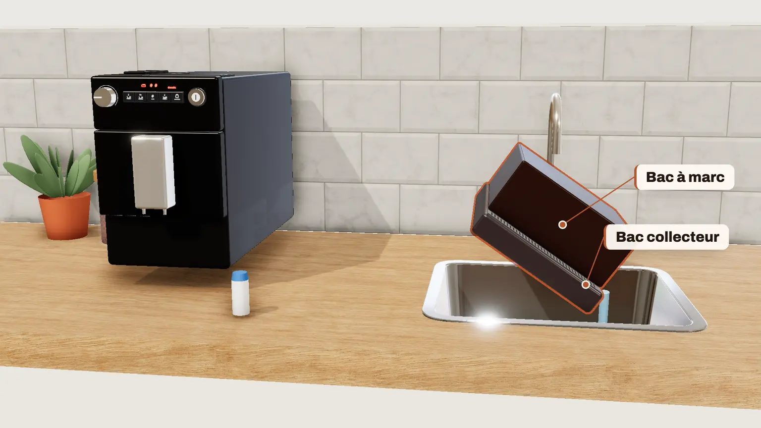 Melitta Purista en 3D, étape 7 du détartrage : Le symbole Bac collecteur s'allume : videz le bac collecteur et le bac à marc, puis remettez le bac collecteur en place