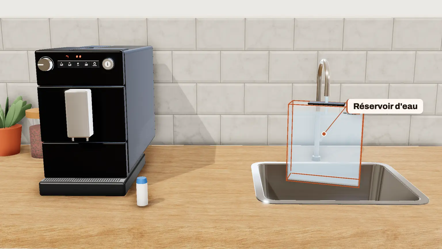 Melitta Purista en 3D, étape 8 du détartrage : Le symbole Eau s'allume : retirez le réservoir, rincez-le minutieusement, remplissez-le d'eau fraîche et remettez-le