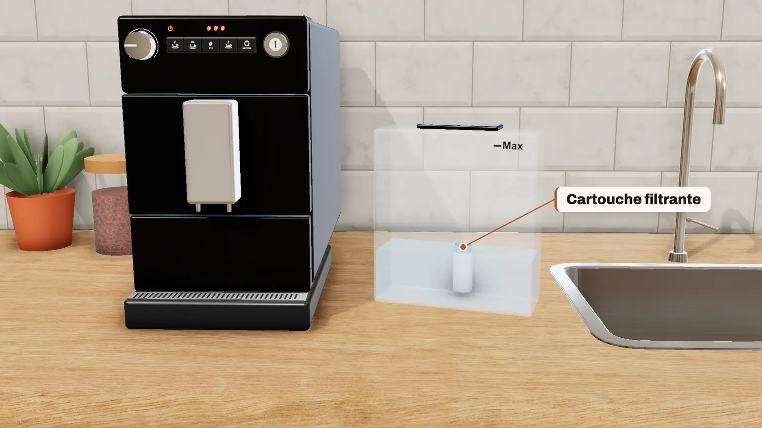 Melitta Purista en 3D, étape 10 du détartrage : Revissez la cartouche filtrante au fond du réservoir, si vous l'aviez retirée