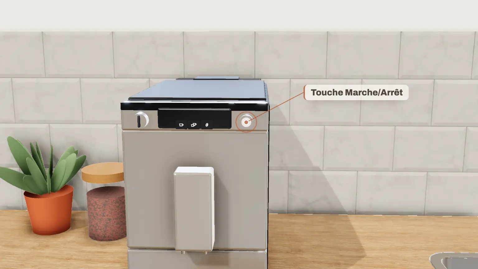 Melitta Caffeo Solo en 3D, étape 1 du détartrage : Éteignez la machine avec la touche Marche/Arrêt