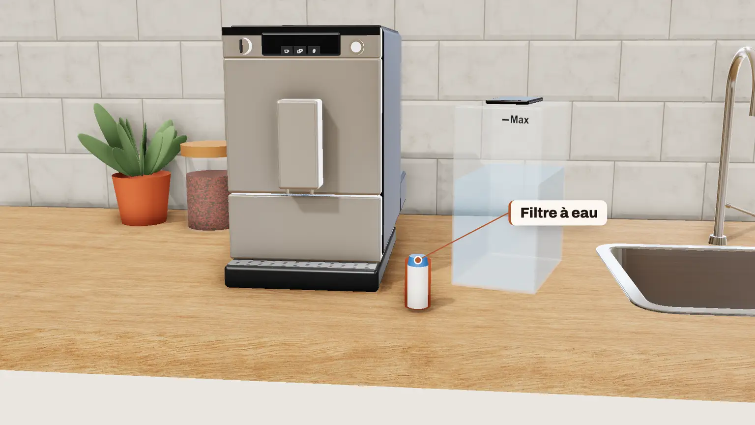 Melitta Caffeo Solo en 3D, étape 2 du détartrage : Sortez le réservoir d'eau, retirez le filtre à eau s'il y en a un, puis remettez le réservoir