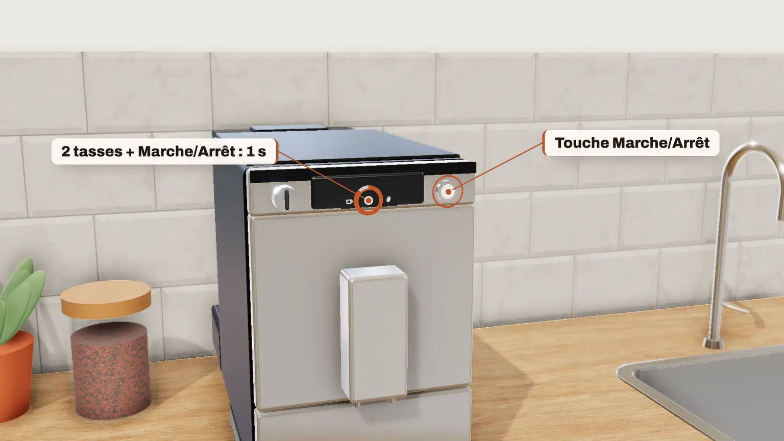 Melitta Caffeo Solo en 3D, étape 3 du détartrage : Maintenez ensemble les touches 2 tasses et Marche/Arrêt environ 3 secondes