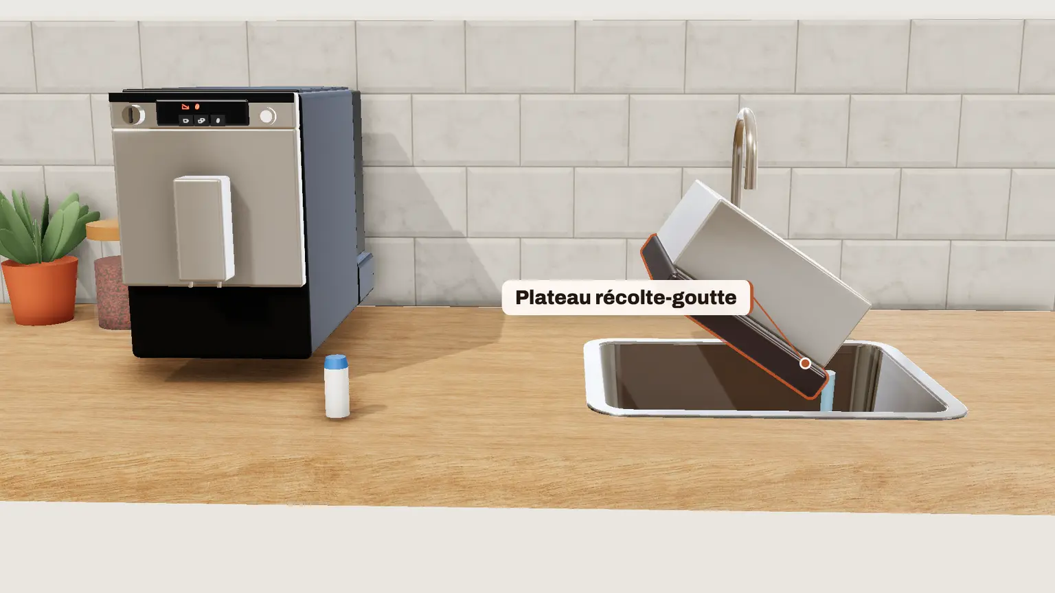 Melitta Caffeo Solo en 3D, étape 4 du détartrage : Phase 1 (1 grain) : videz le plateau récolte-goutte et remettez-le