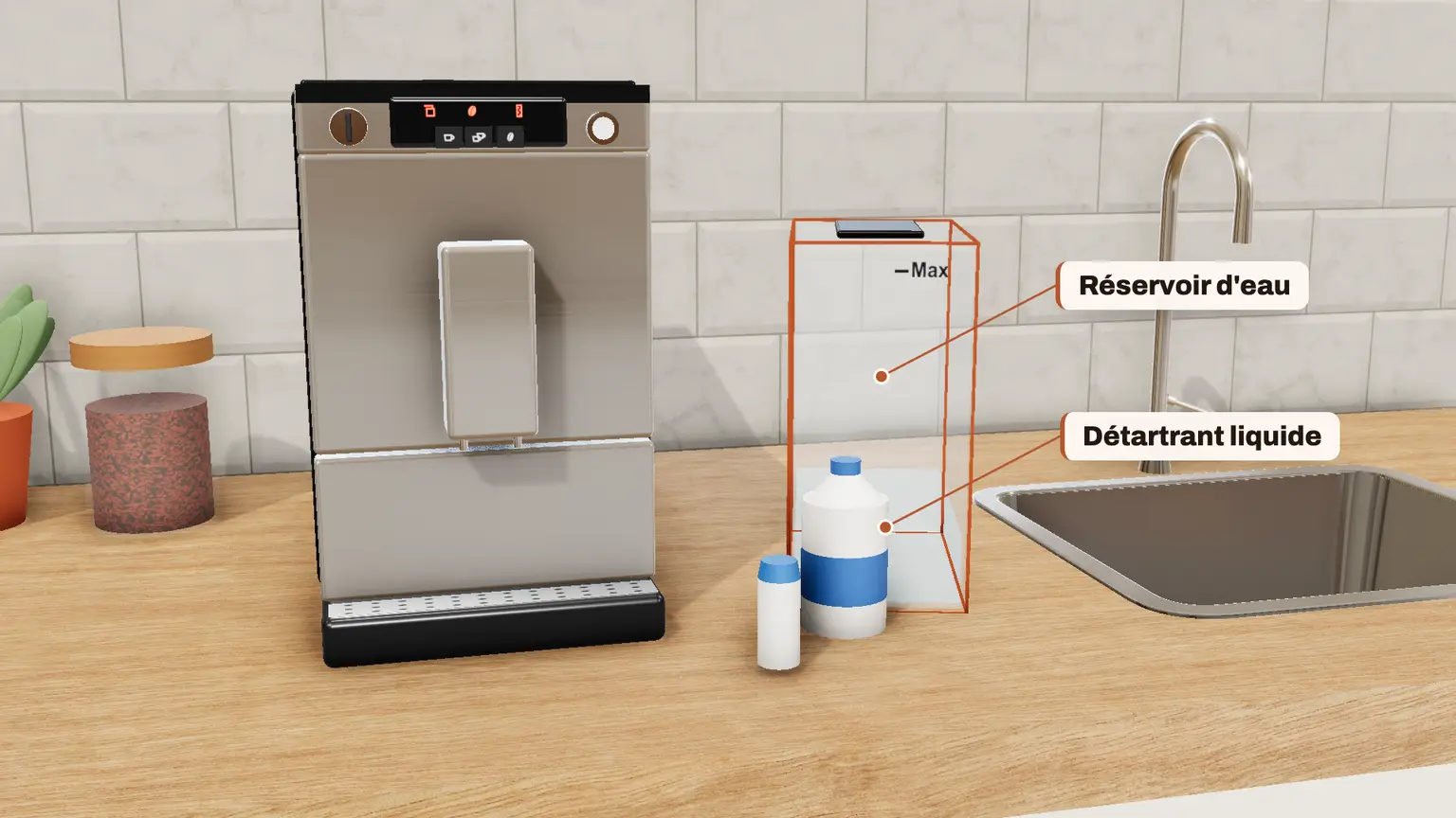 Melitta Caffeo Solo en 3D, étape 6 du détartrage : Mettez le détartrant dans le réservoir, selon les consignes de l'emballage, puis remettez le réservoir en place