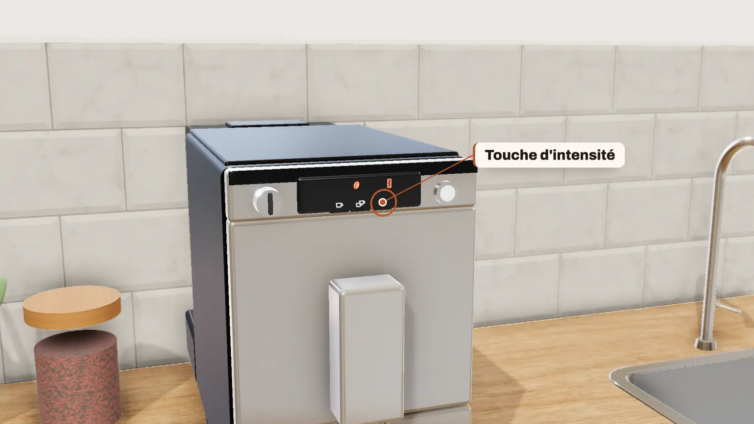 Melitta Caffeo Solo en 3D, étape 7 du détartrage : Appuyez sur la touche intensité (grain) pour lancer le détartrage