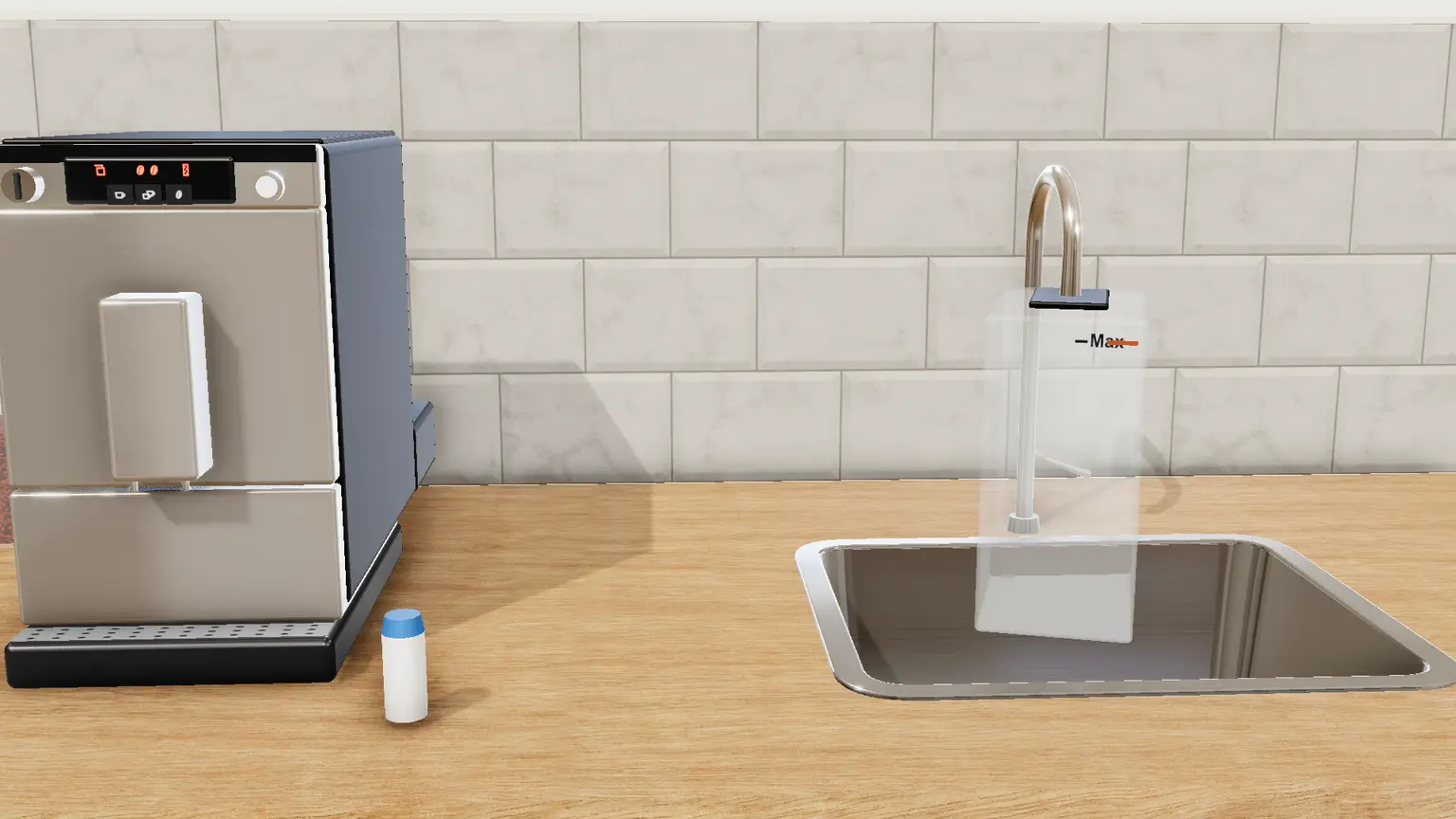 Melitta Caffeo Solo en 3D, étape 9 du détartrage : Retirez le réservoir, rincez-le abondamment à l'eau claire, remplissez-le d'eau du robinet jusqu'au repère Max et remettez-le