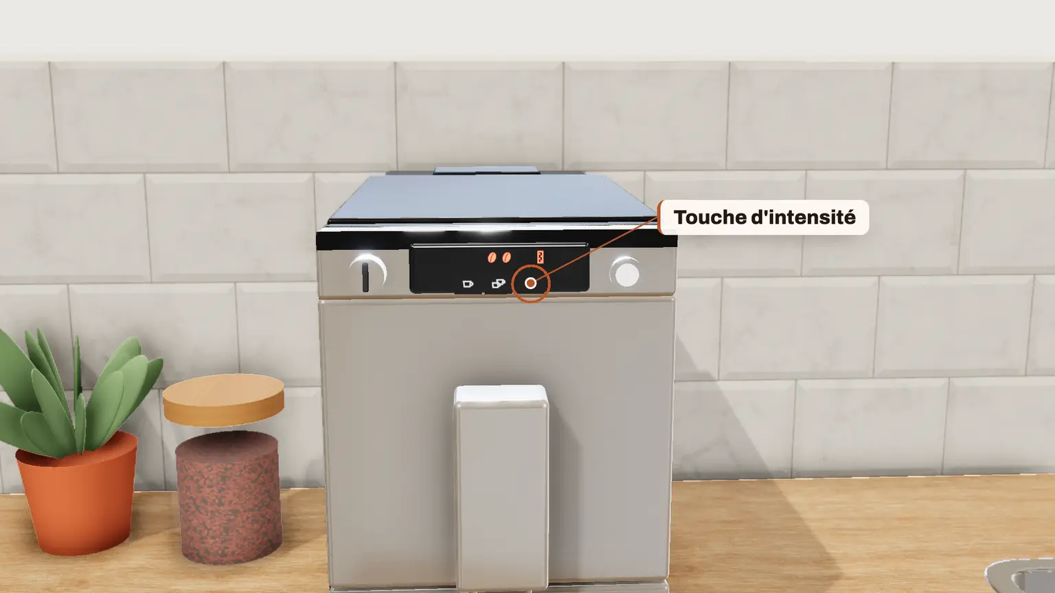 Melitta Caffeo Solo en 3D, étape 10 du détartrage : Appuyez sur la touche intensité (grain) pour poursuivre