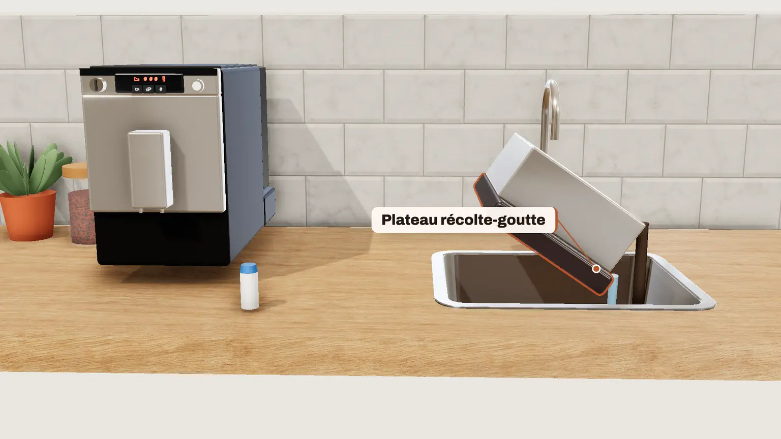 Melitta Caffeo Solo en 3D, étape 11 du détartrage : Phase 3 (3 grains) : quand le symbole du plateau s'allume, videz le plateau et remettez-le