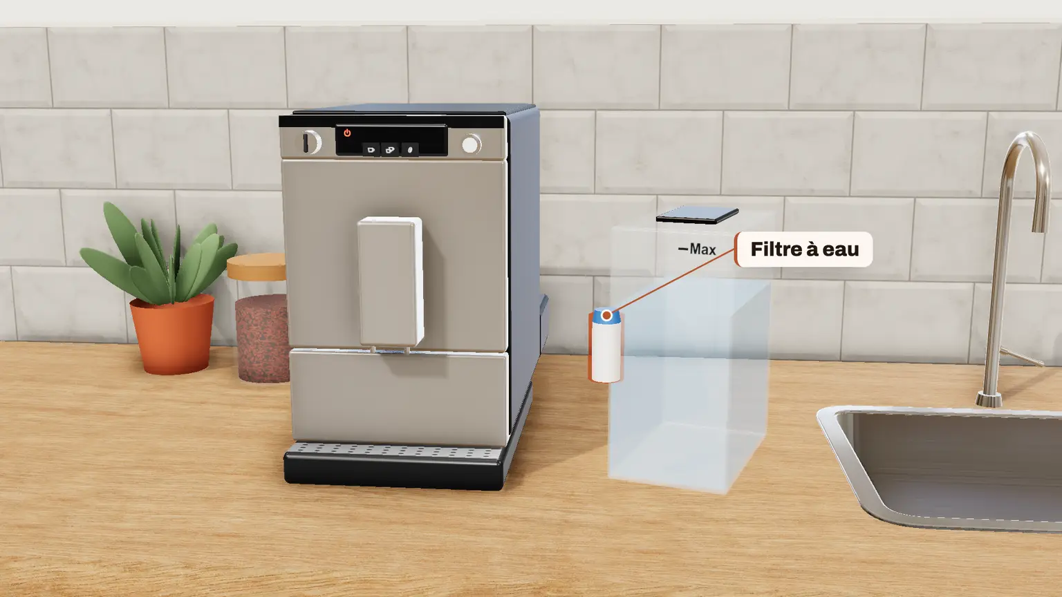 Melitta Caffeo Solo en 3D, étape 12 du détartrage : Quand la touche Marche/Arrêt s'allume, le détartrage est terminé : replacez le filtre à eau dans le réservoir
