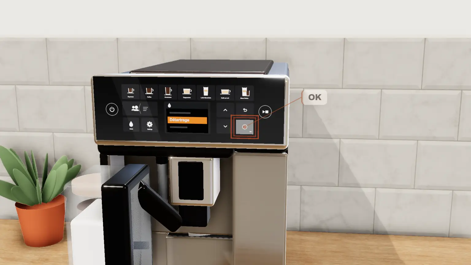 Philips 5400 LatteGo en 3D, étape 1 du détartrage : Appuyez sur l'icône Nettoyage et sélectionnez « Détartrage » dans le menu, puis suivez les instructions à l'écran