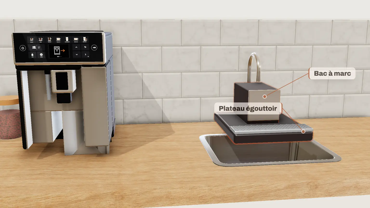 Philips 5400 LatteGo en 3D, étape 3 du détartrage : Retirez le plateau égouttoir et le bac à marc, videz-les et replacez-les