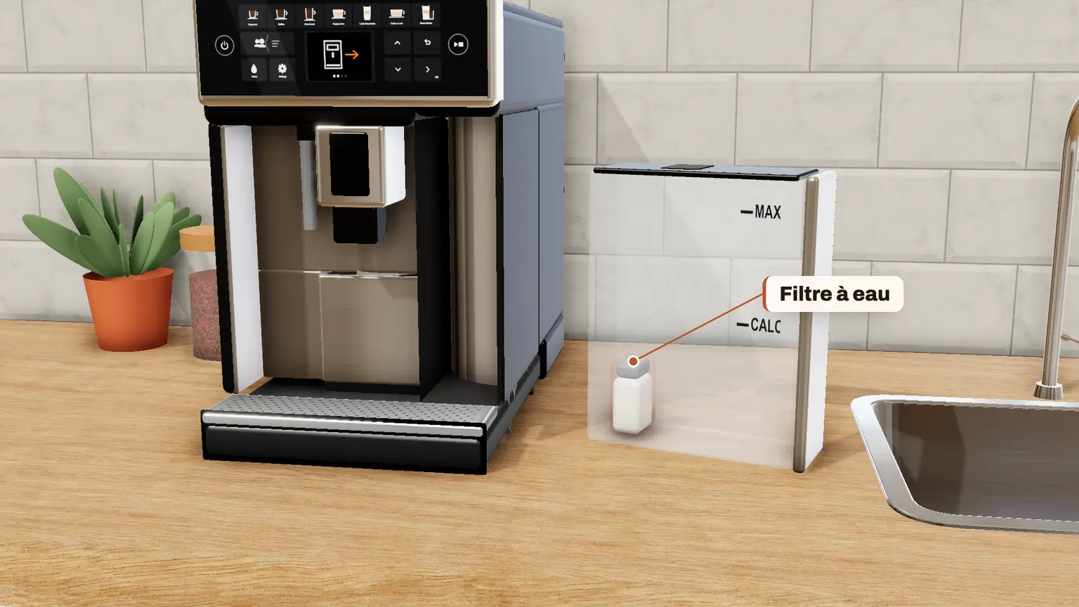 Philips 5400 LatteGo en 3D, étape 4 du détartrage : Enlevez le réservoir d'eau, videz-le et retirez le filtre AquaClean