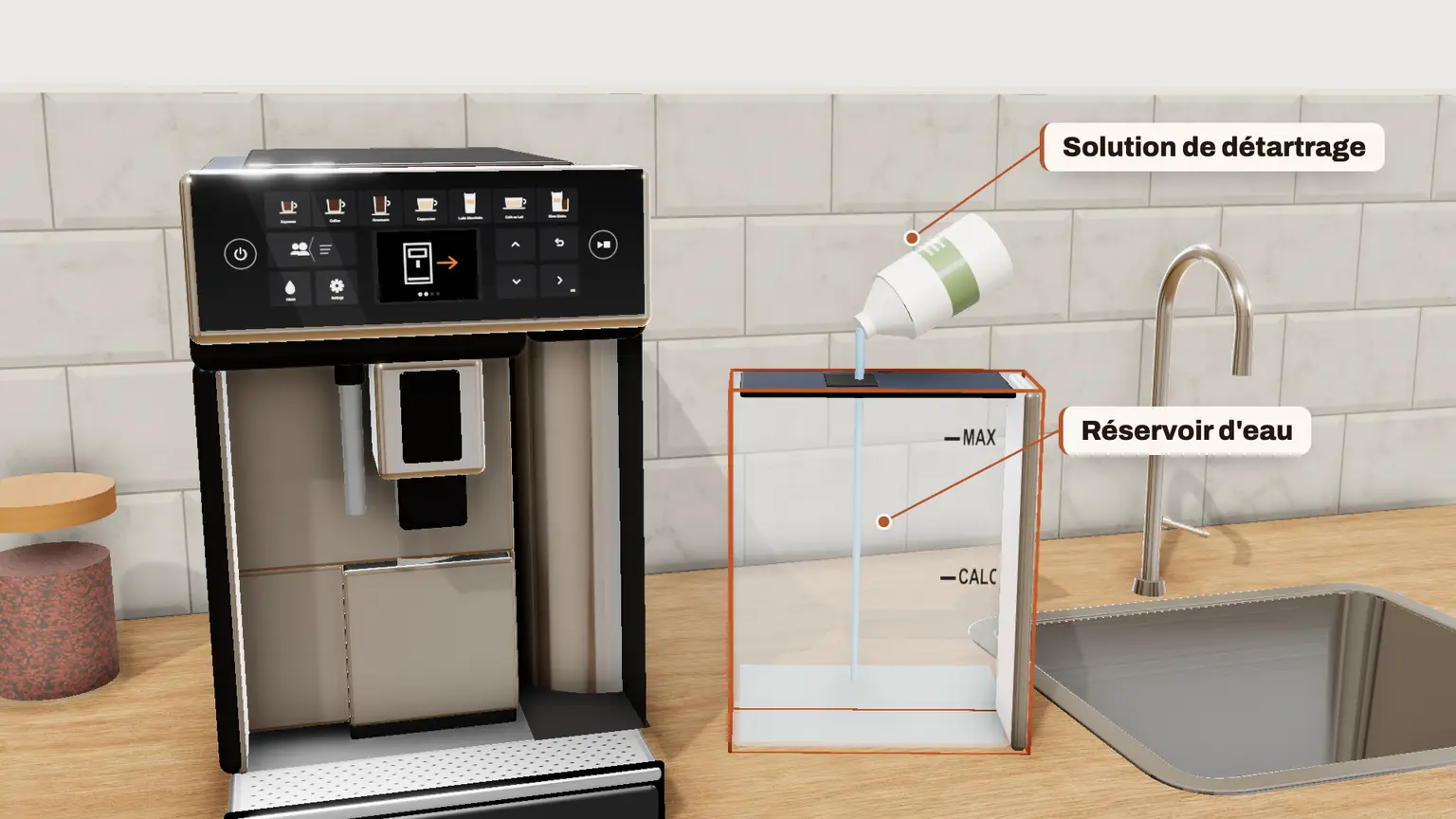 Philips 5400 LatteGo en 3D, étape 5 du détartrage : Versez une bouteille complète de détartrant Philips dans le réservoir, puis de l'eau jusqu'au niveau Calc / Clean, et replacez-le