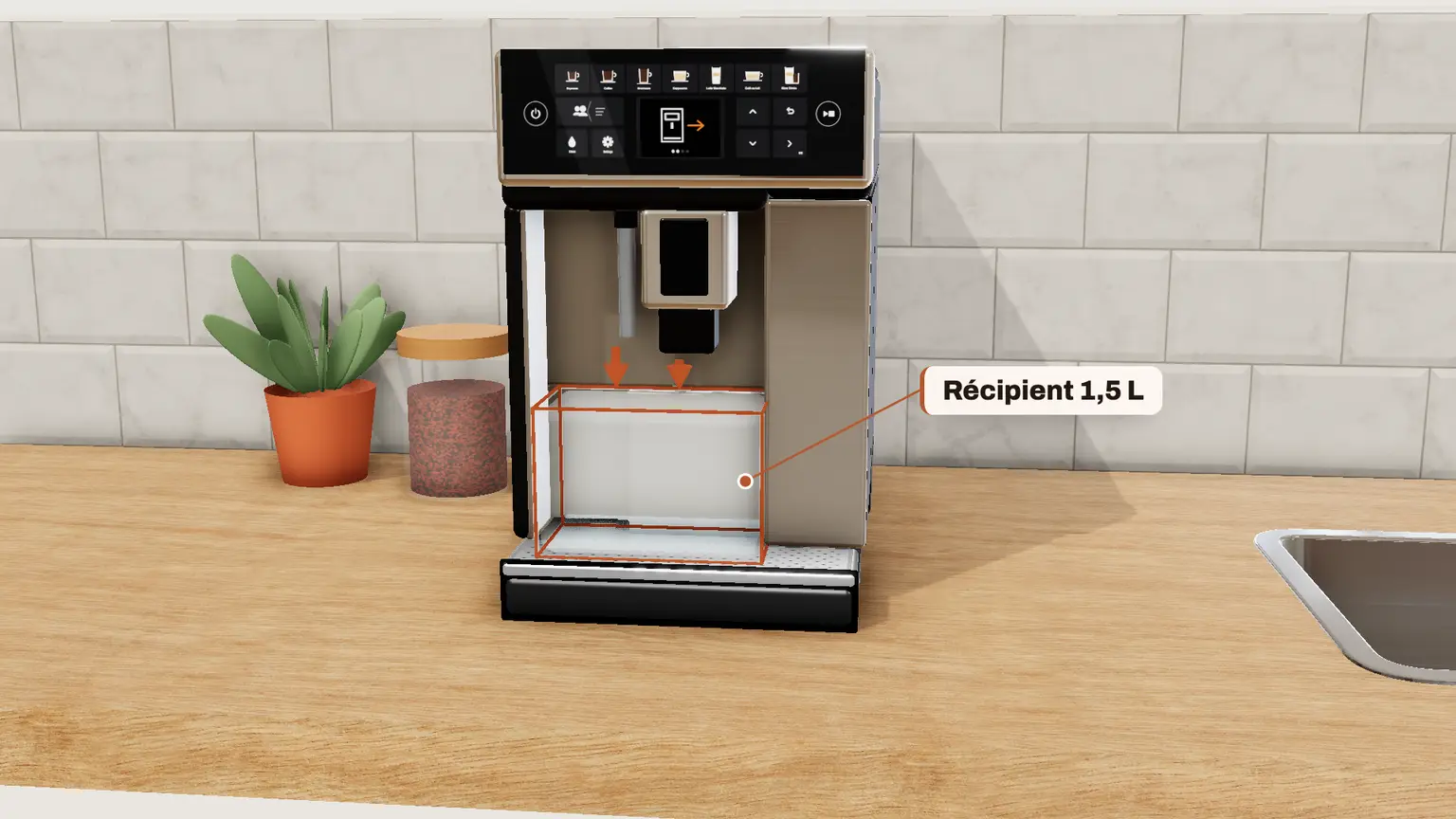 Philips 5400 LatteGo en 3D, étape 6 du détartrage : Placez un grand récipient de 1,5 litre sous la buse café et sous la buse d'eau chaude