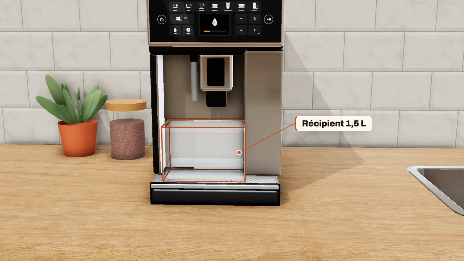 Philips 5400 LatteGo en 3D, étape 7 du détartrage : Appuyez sur le bouton marche/arrêt (lecture) pour lancer le détartrage