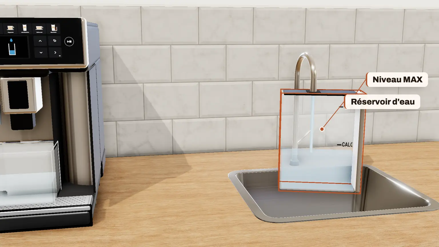 Philips 5400 LatteGo en 3D, étape 8 du détartrage : Quand l'afficheur le demande, remplissez le réservoir d'eau pour le rinçage