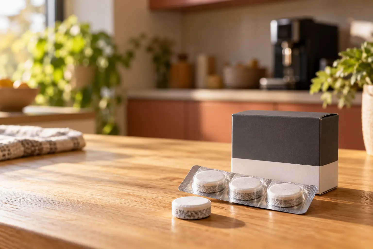 Boîte grise sans marque et blister de trois tablettes de détartrage blanches, sur un plan de travail en bois