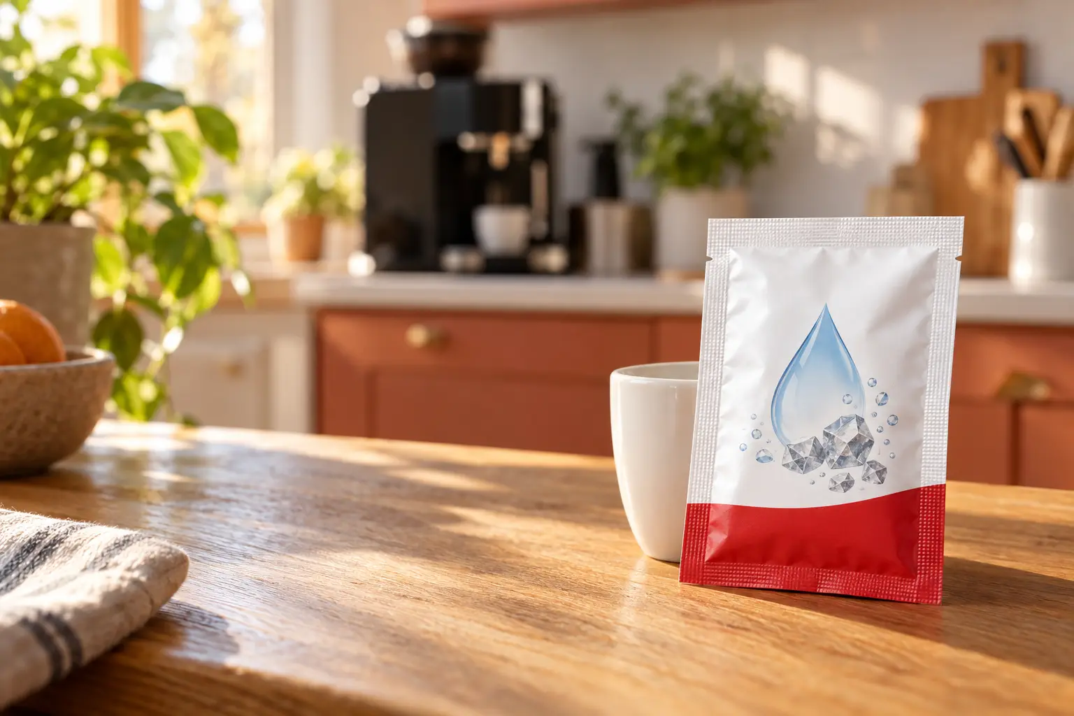 Sachet blanc et rouge de détartrant en poudre pour machine à café, posé contre une tasse