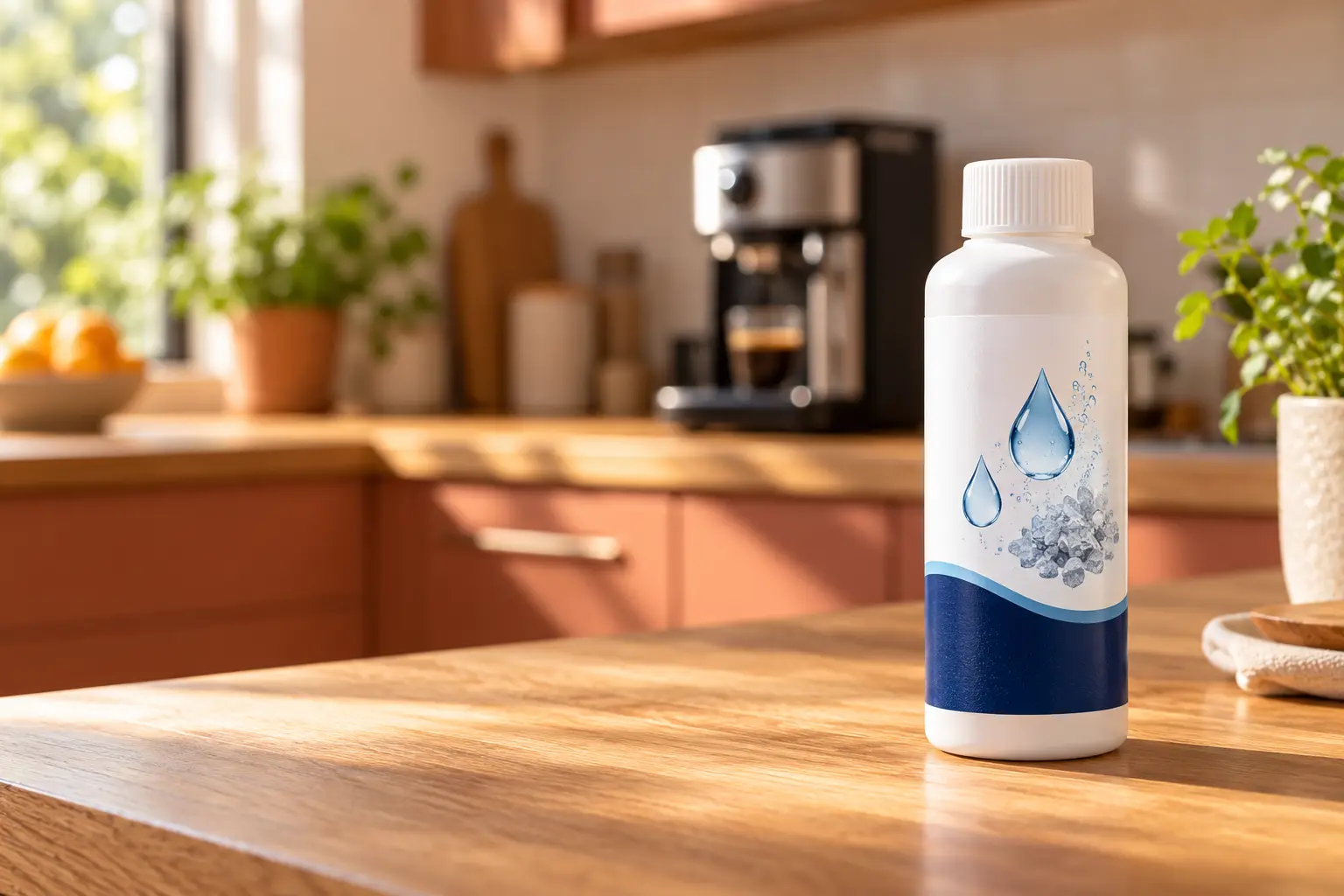 Flacon blanc de détartrant liquide pour machine à café Philips, étiquette blanche et bleu marine, sur un plan de travail