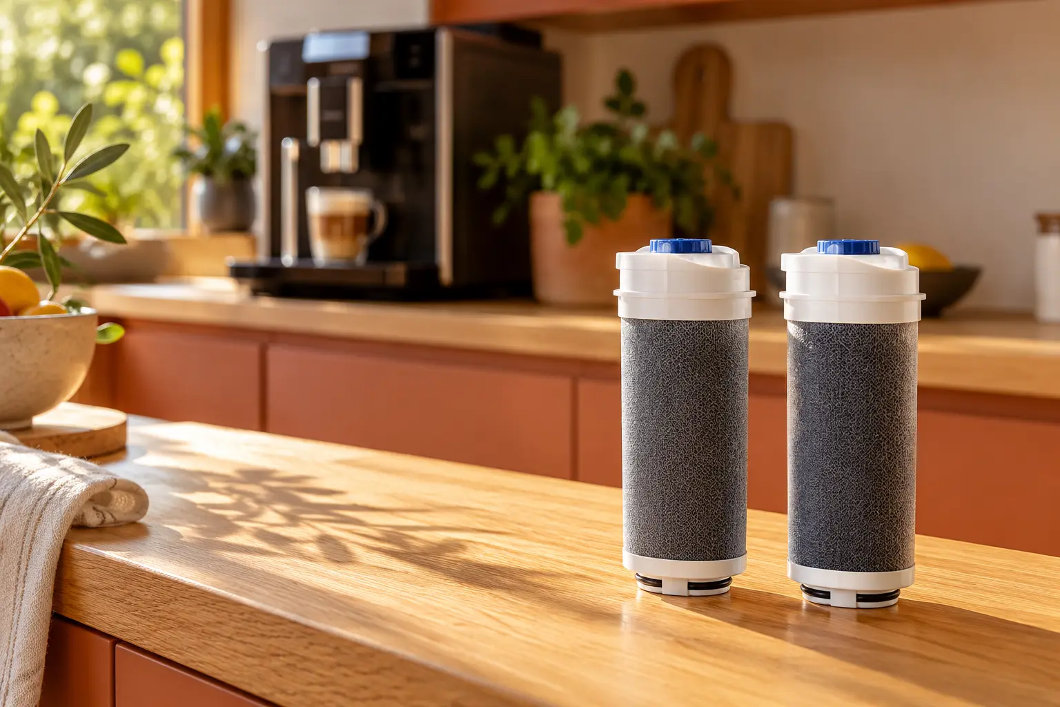 Deux cartouches filtrantes adoucissantes pour machine à café, sur un plan de travail en chêne