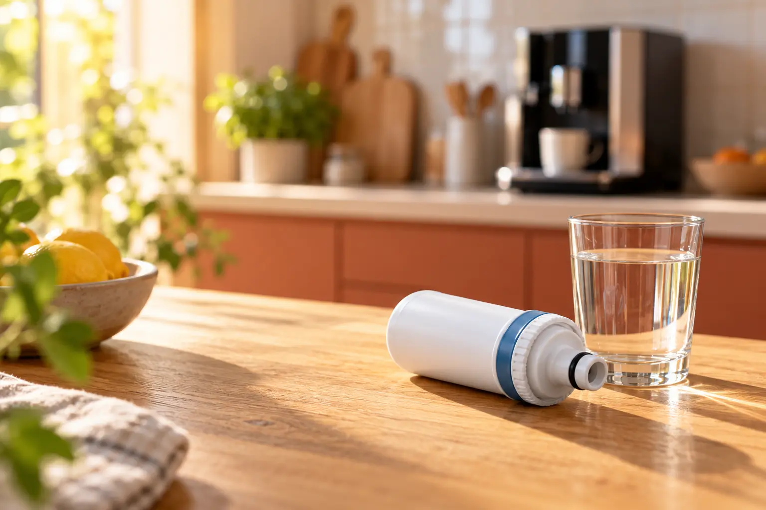 Cartouche filtrante à visser pour machine à café, à côté d’un verre d’eau
