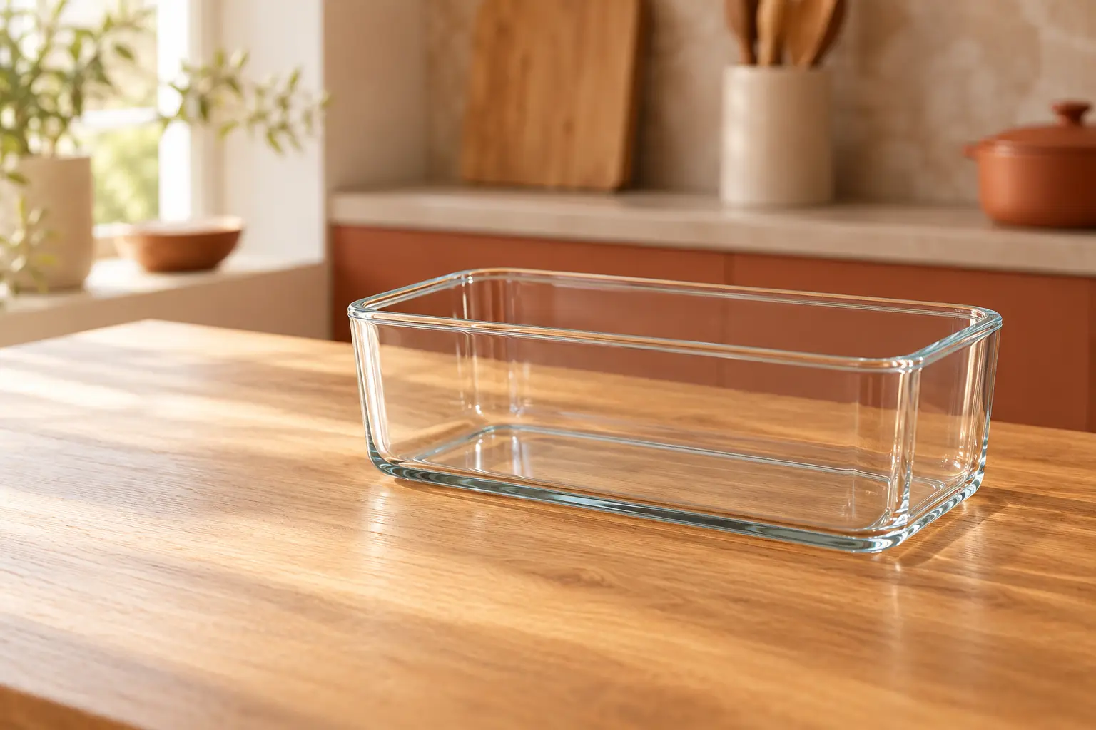 Récipient en verre rectangulaire de 2 litres, vide, posé sur un plan de travail